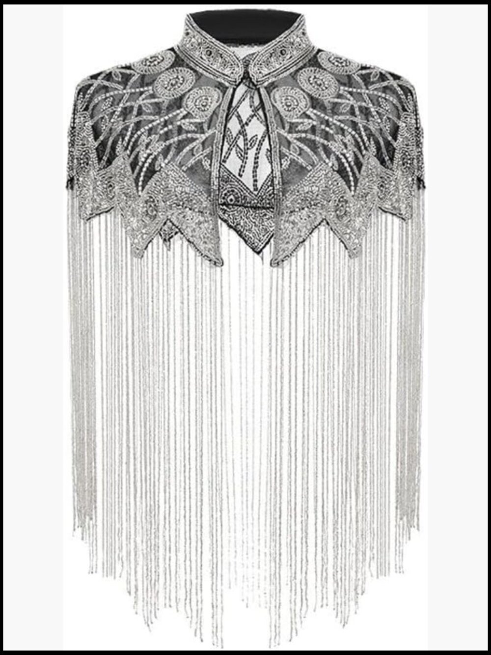 Embellished Silver Fringe Cape Shawl